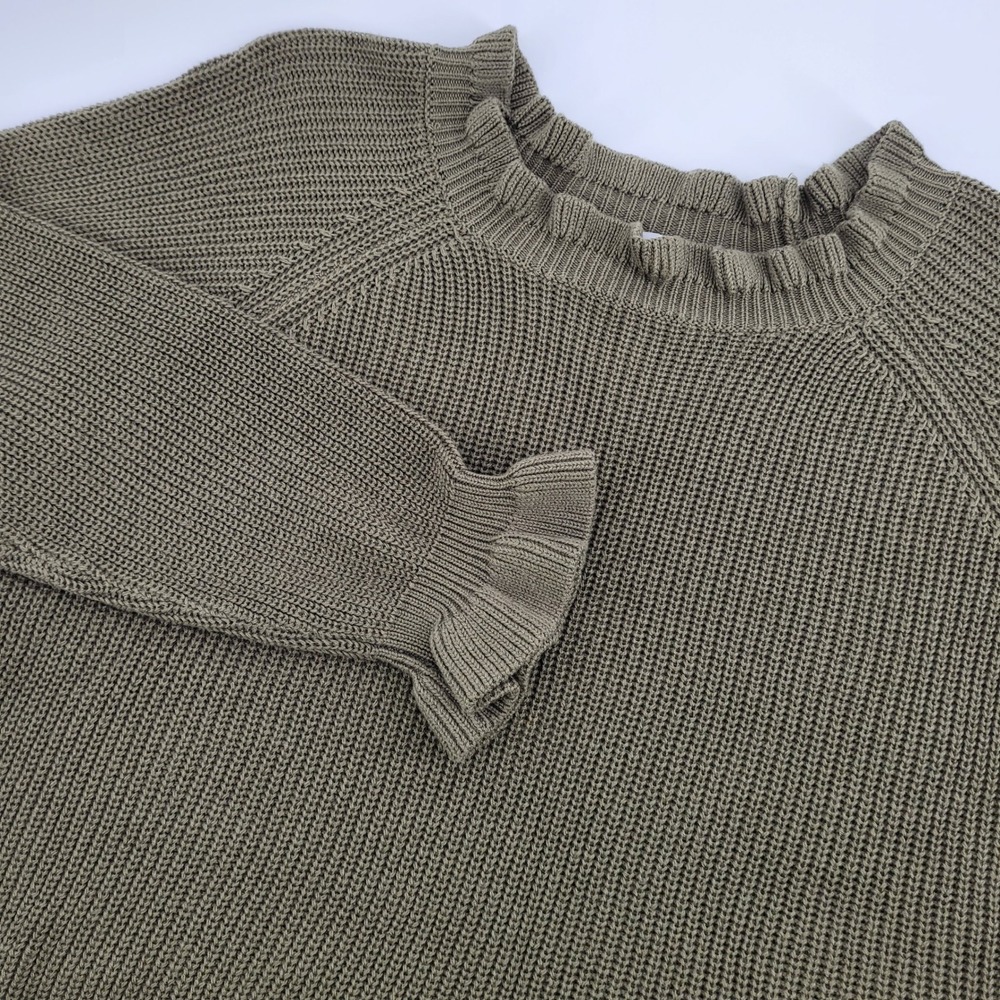 Hayden Los Angeles Cottagecore Boho Large Olive Green Knit Ruffle Trim Sweater